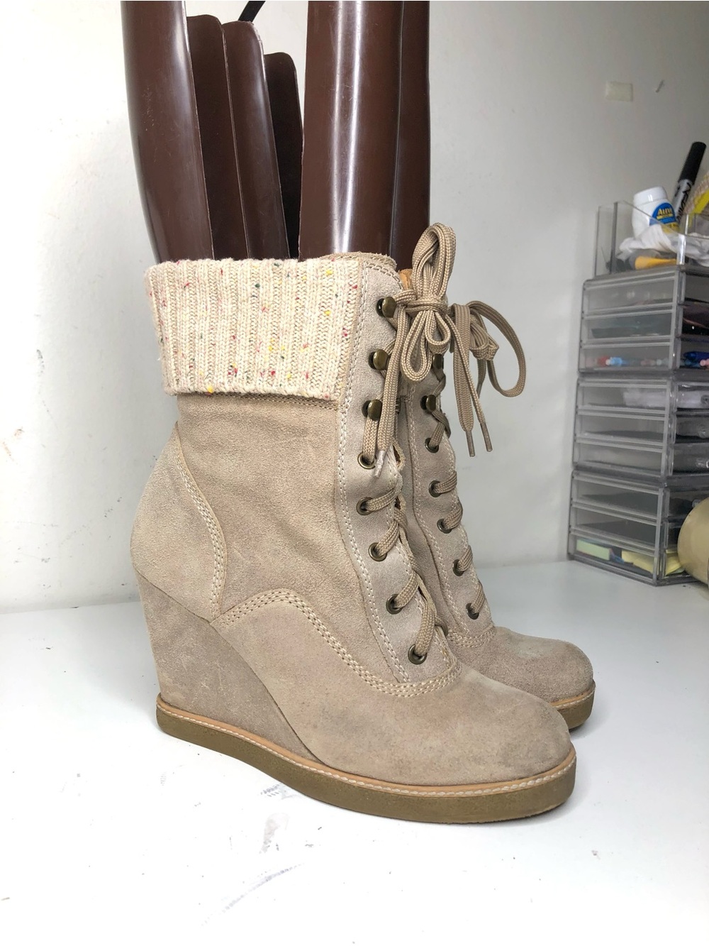 2000s Women's Lace-Up Wedge Boot in Beige with Knit Cuff